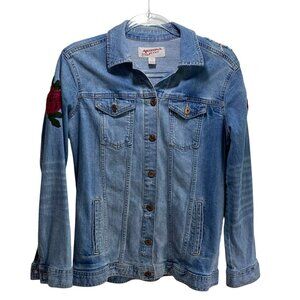 Denim Trucker Rodeo Jacket Embroidered Floral Roses Womens M Blue Distressed
